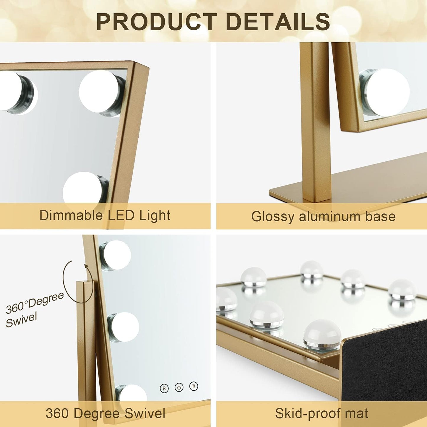 Hollywood Mirror with Lights, Vanity Mirror with Lights, Tabletop Mirror with Dimmable LED Lights,3 Color Model (Gold, 16.3 X 13.4)