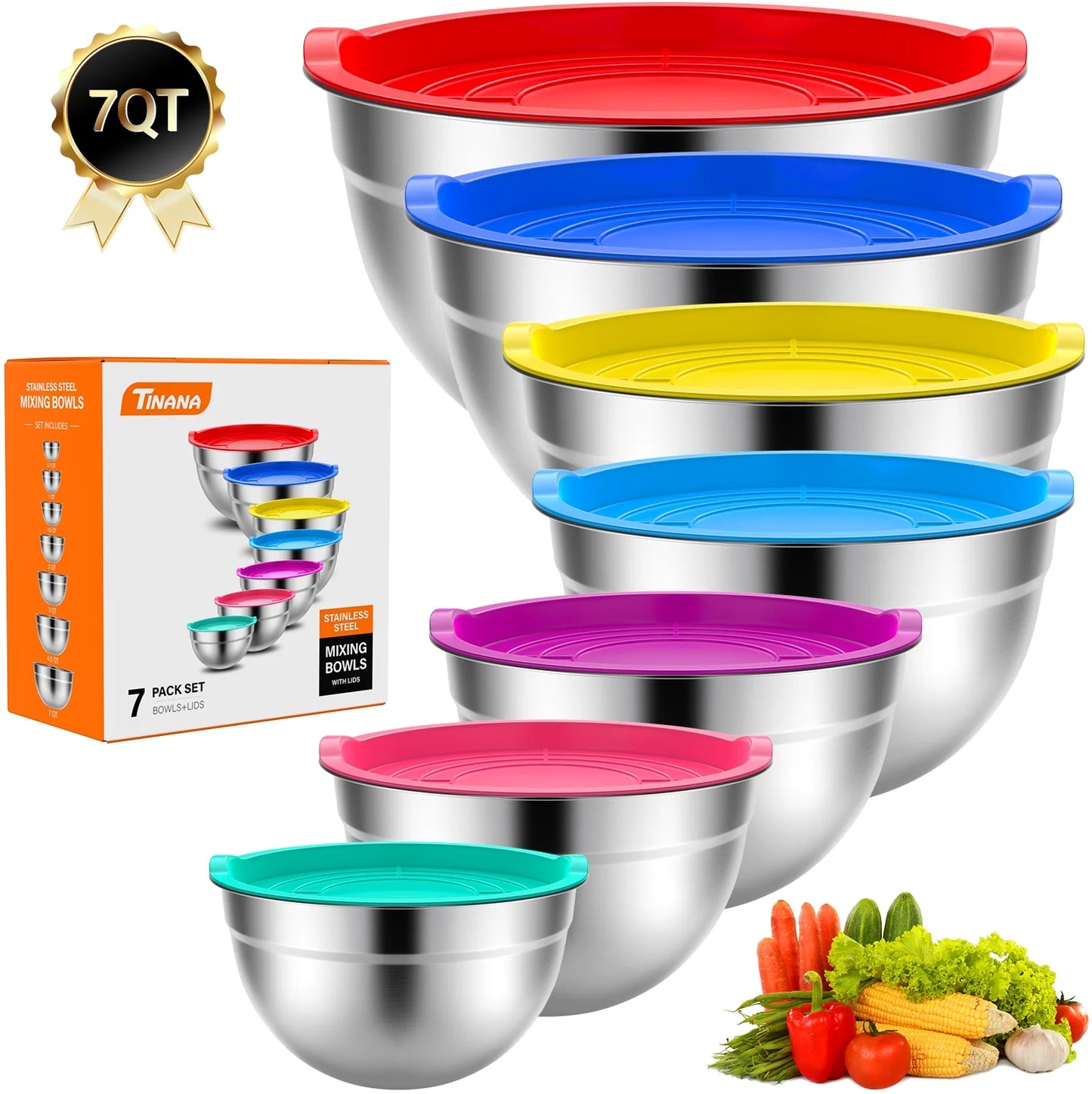 Mixing Bowls with Lids: 7 Pack Stainless Steel Mixing Bowls Set, Metal Nesting Mixing Bowls for Kitchen, 7/4.5/3.0/2.0/1.5/1.0/0.7QT, Great for Prep, Baking, Serving, Multicolor