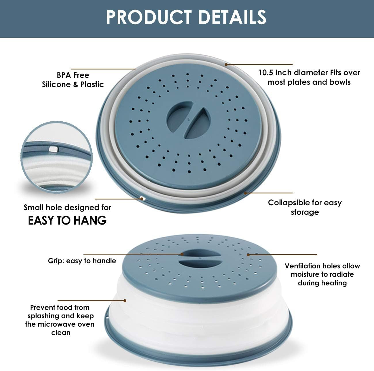 2-Pack Multicolor Foldable Microwave Oven Plate Cover for Food, Vented Collapsible Splatter Proof Guard, Microwave Splatter Cover, Bpa-Free Silicone & Plastic and Dishwasher Safe (Blue and Green)