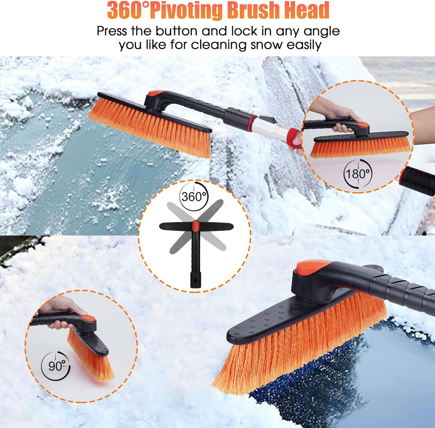 62.4" Extendable Snow Brush and Wider Ice Scraper (4.73" Width) with 360° Pivoting Brush Head, Snow Removal Tool Car Brush with Comfortable Foam Grip for Car Windshield, Trucks, Suvs