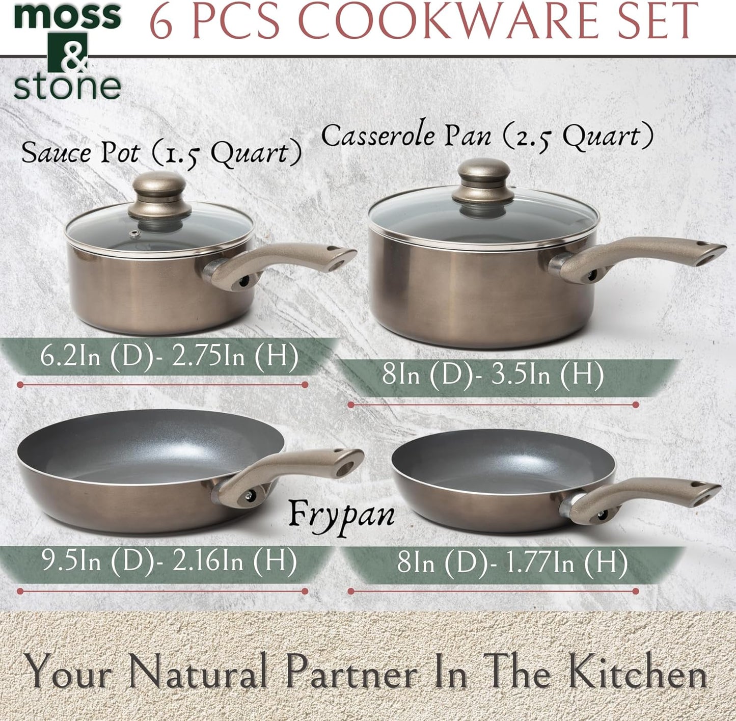 6 Pcs Dark Grey Nonstick Cookware Set, Pots and Pans Set Non Stick with Glass Lid, Induction Cookware, Stay-Cool Handle PTFE/PFOA Kitchen Cookware 6-Piece with Frying Pans Set & Saucepan