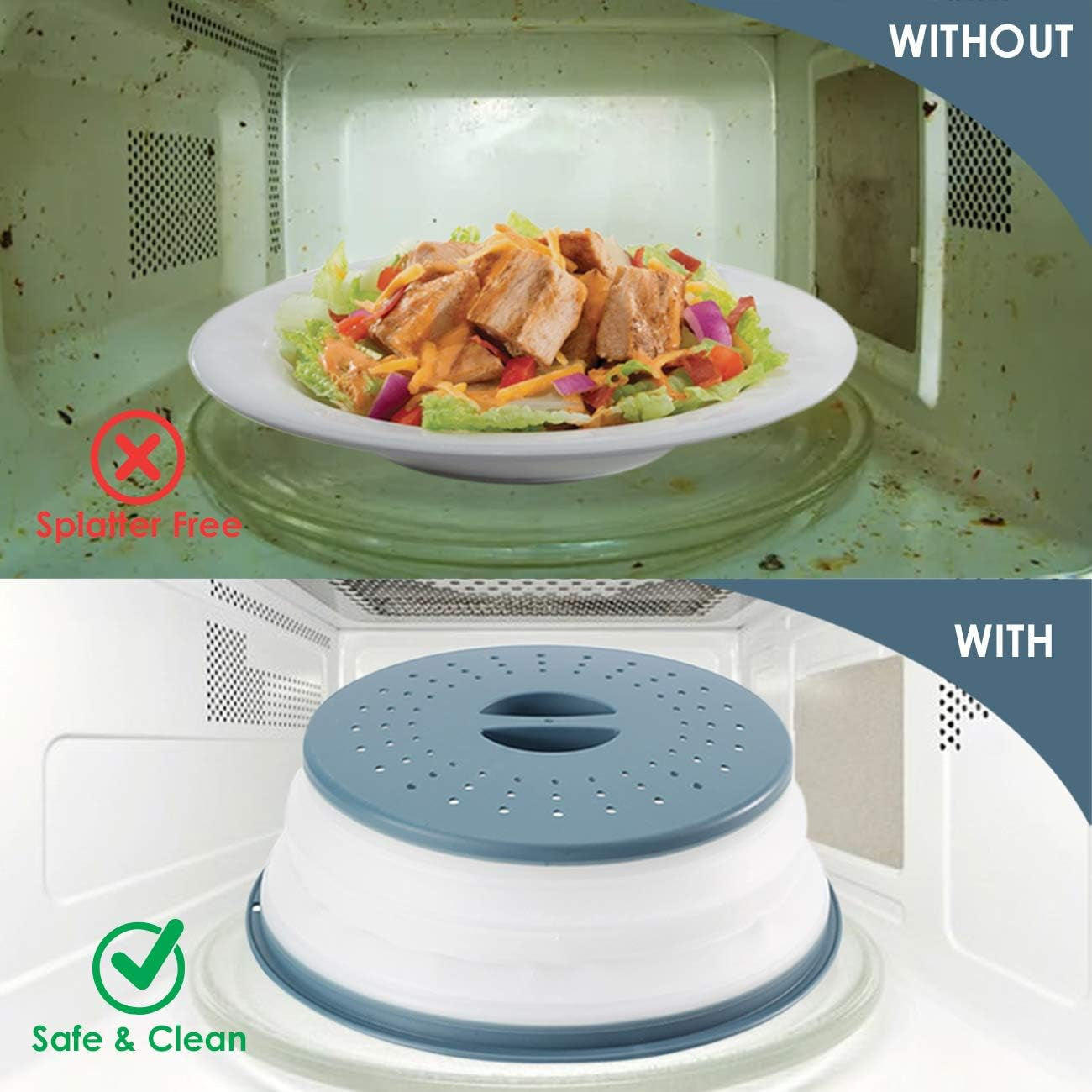 2-Pack Multicolor Foldable Microwave Oven Plate Cover for Food, Vented Collapsible Splatter Proof Guard, Microwave Splatter Cover, Bpa-Free Silicone & Plastic and Dishwasher Safe (Blue and Green)