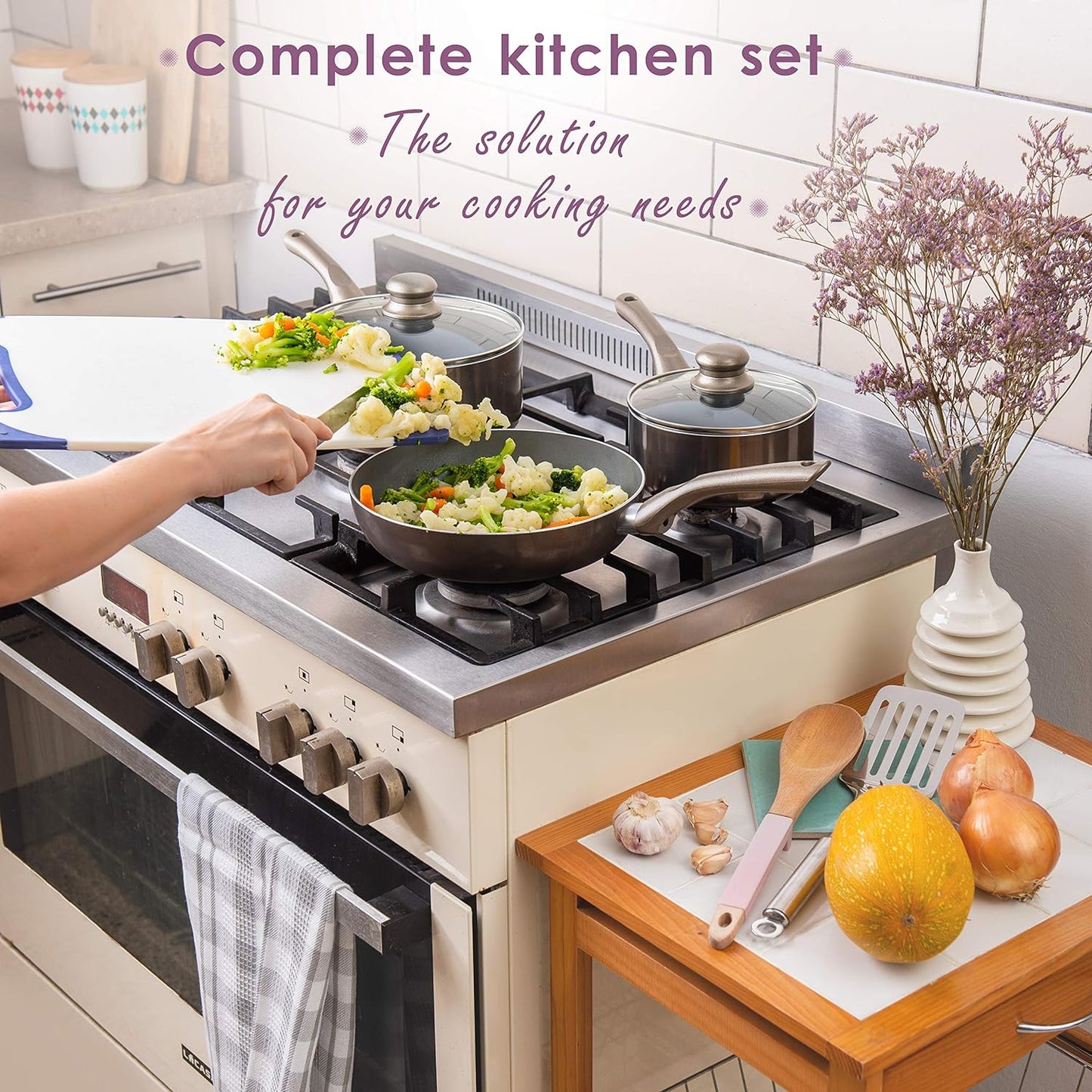 6 Pcs Dark Grey Nonstick Cookware Set, Pots and Pans Set Non Stick with Glass Lid, Induction Cookware, Stay-Cool Handle PTFE/PFOA Kitchen Cookware 6-Piece with Frying Pans Set & Saucepan