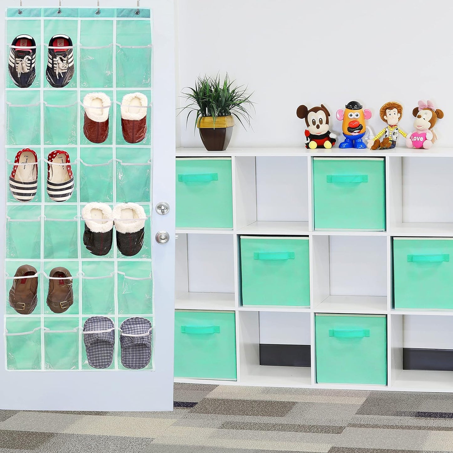 24 Pockets - Crystal Clear over the Door Hanging Shoe Organizer, Turquoise (64'' X 19'')