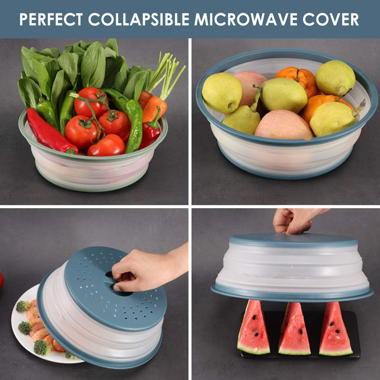 2-Pack Multicolor Foldable Microwave Oven Plate Cover for Food, Vented Collapsible Splatter Proof Guard, Microwave Splatter Cover, Bpa-Free Silicone & Plastic and Dishwasher Safe (Blue and Green)