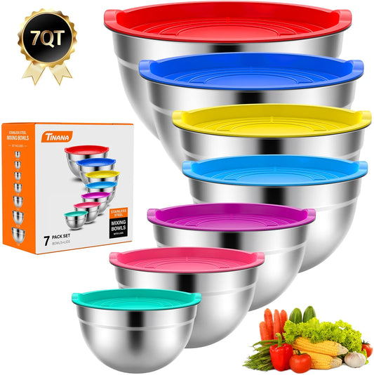 Mixing Bowls with Lids: 7 Pack Stainless Steel Mixing Bowls Set, Metal Nesting Mixing Bowls for Kitchen, 7/4.5/3.0/2.0/1.5/1.0/0.7QT, Great for Prep, Baking, Serving, Multicolor