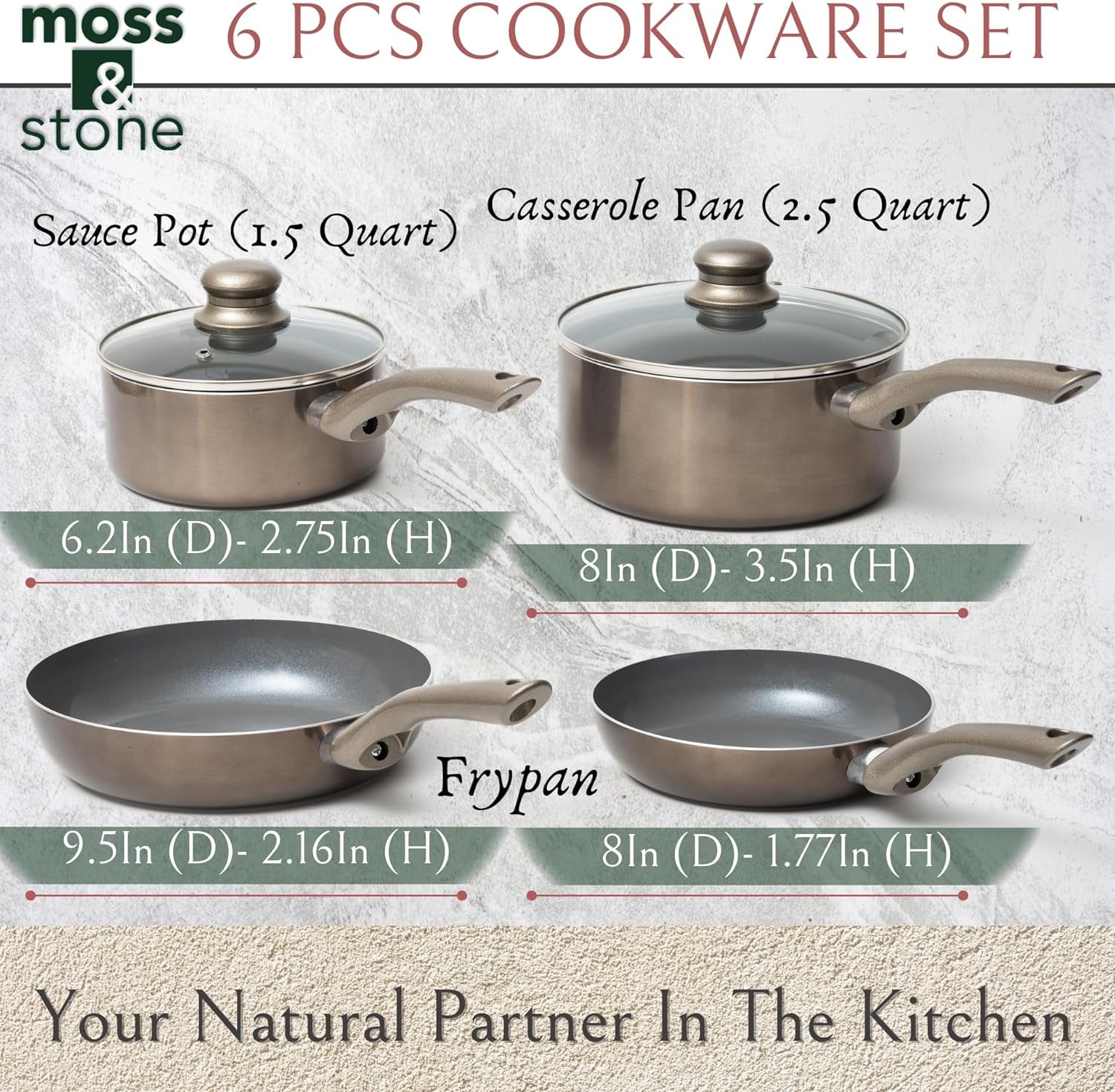 6 Pcs Dark Grey Nonstick Cookware Set, Pots and Pans Set Non Stick with Glass Lid, Induction Cookware, Stay-Cool Handle PTFE/PFOA Kitchen Cookware 6-Piece with Frying Pans Set & Saucepan