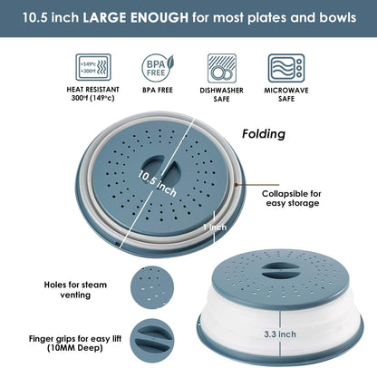 2-Pack Multicolor Foldable Microwave Oven Plate Cover for Food, Vented Collapsible Splatter Proof Guard, Microwave Splatter Cover, Bpa-Free Silicone & Plastic and Dishwasher Safe (Blue and Green)