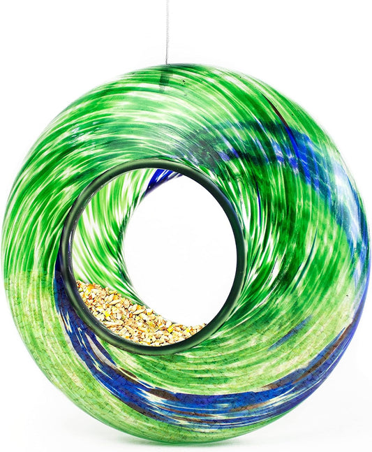 Glass Bird Feeder, New, Unique Bird Feeders for outside with Fly through Circle, Hanging for Outdoor Yard, Porch, Patio, Deck Bird Watching - 9 Inches (Green)